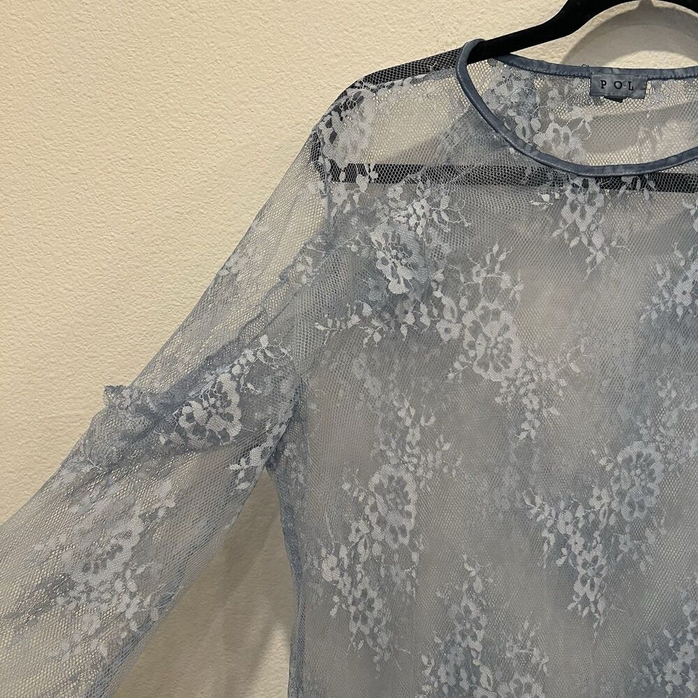 Pol Women’s Blue Floral Sheer Lace Blouse  Ruffled Shoulder L Fairy Whimsical - Picture 6 of 9